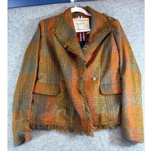 Anthropologie Cartonnier Wrap Blazer Womens Size 2 Brown Plaid Tweed Fringed - Picture 1 of 7